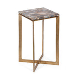 Boho Glam Handcrafted Aluminum Side Table with Agate Marble Top, Natural and Raw Brass - NH390513