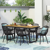 Outdoor Wood and Resin 7 Piece Dining Set, Black and Teak - NH440513