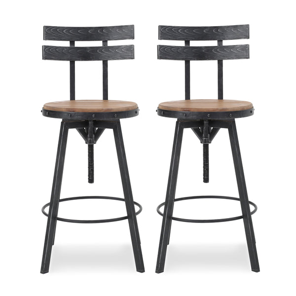 Modern Industrial Firwood Adjustable Height Swivel Barstools, Set of 2, Natural and Black Brushed Silver - NH317413