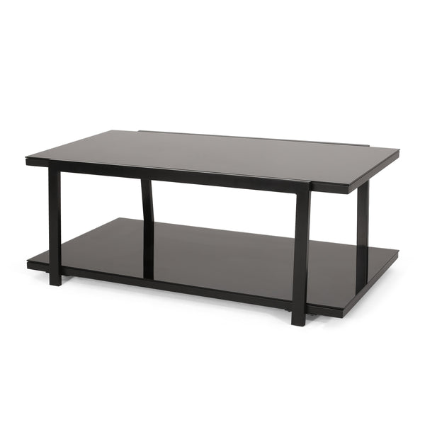 Modern Glass Top Coffee Table with Shelf, Black - NH226413