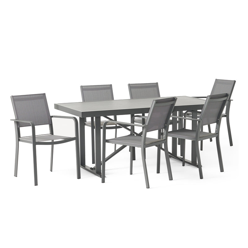 Outdoor Modern Industrial Aluminum 7 Piece Dining Set with Mesh Seating - NH405313