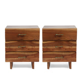 Handcrafted Boho Acacia Wood 3 Drawer Nightstand, Set of 2 - NH689313