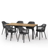 Outdoor Wood and Resin 7 Piece Dining Set, Black and Teak - NH150513