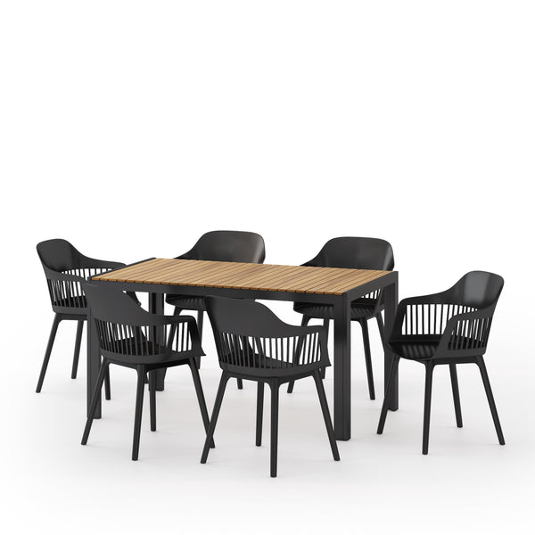 Outdoor Wood and Resin 7 Piece Dining Set, Black and Teak - NH840513