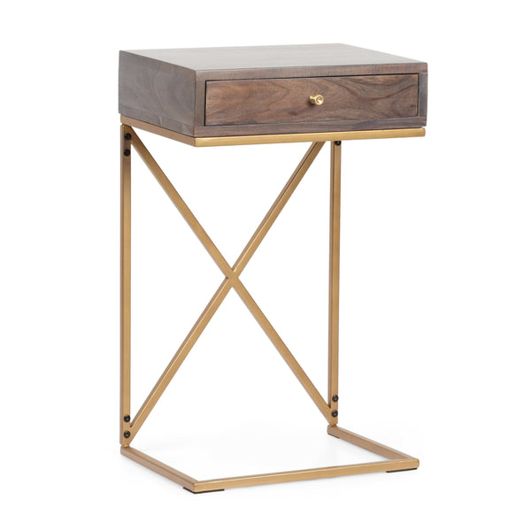 Rustic Glam Handcrafted Acacia Wood C-Shaped Side Table, Dark Brown and Gold - NH024413