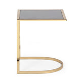 Modern Glam Handcrafted Glass Top C-Shaped Side Table, Black and Brass - NH222513