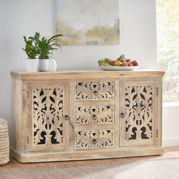 Boho Handcrafted Mango Wood 3 Drawer Sideboard, Antique White - NH907413