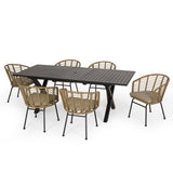 Outdoor Wicker 7 Piece Dining Set, Light Brown, Matte Black, and Beige - NH000513