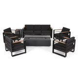 Outdoor Aluminum 7 Seater Chat Set with Fire Pit, Black, Natural, and Dark Gray - NH458413