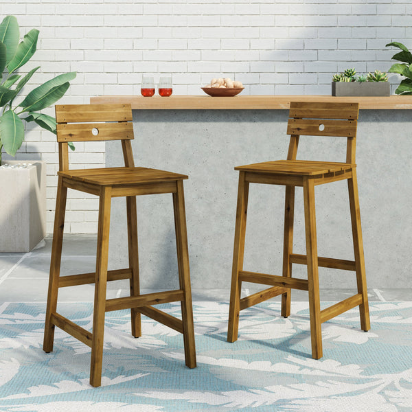 Outdoor/Indoor Acacia Wood Backed Barstools, Set of 2, Teak - NH973513