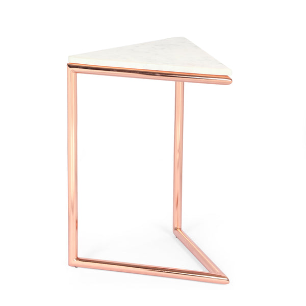 Modern Glam Handcrafted Banswara Marble Top C-Shaped Side Table, White and Rose Gold - NH322513