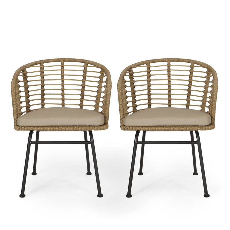 Outdoor Wicker Chair with Water Resistant Cushion, Set of 2, Light Brown and Beige - NH799413