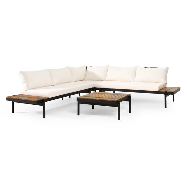 Outdoor Acacia Wood 5 Seater Sectional Sofa Set with Water Resistant Cushions, Teak, Black, and Cream - NH267413