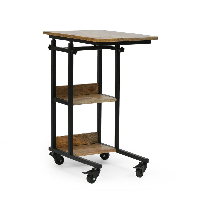 Modern Industrial Handcrafted Wooden Multi-Purpose Adjustable Height C-Shaped Side Table, Natural and Black - NH954413