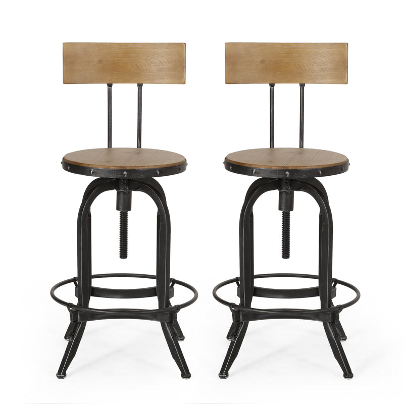 Modern Industrial Firwood Adjustable Height Swivel Barstools, Set of 2, Natural and Black Brushed Silver - NH225413