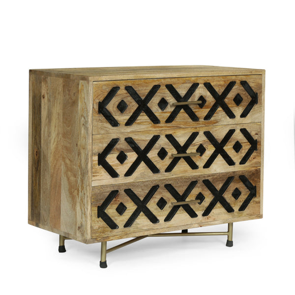 Boho Handcrafted Wood 3 Drawer Sideboard, Natural and Brass - NH671513