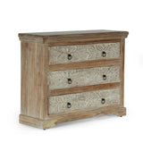 Boho Handcrafted Acacia Wood 3 Drawer Chest, Natural and White - NH715413