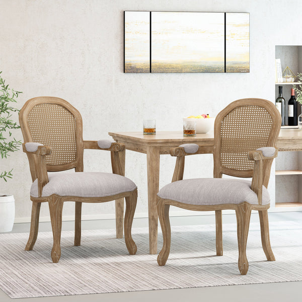 Mariette French Country Wood and Cane Upholstered Dining Chair, Set of 2