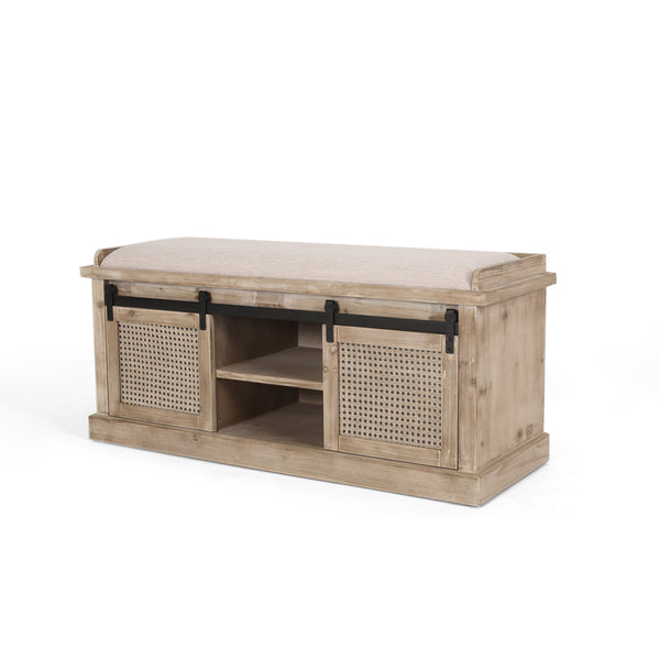 Rustic Storage Bench with Cushion, Beige, Natural, and Black - NH982513