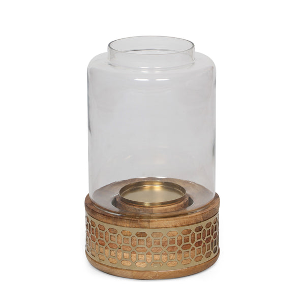 Boho Handcrafted Mango Wood Hurricane Candle Holder, Natural and Gold - NH610513