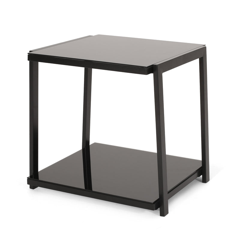 Modern Glass Top Side Table with Shelf, Black - NH326413