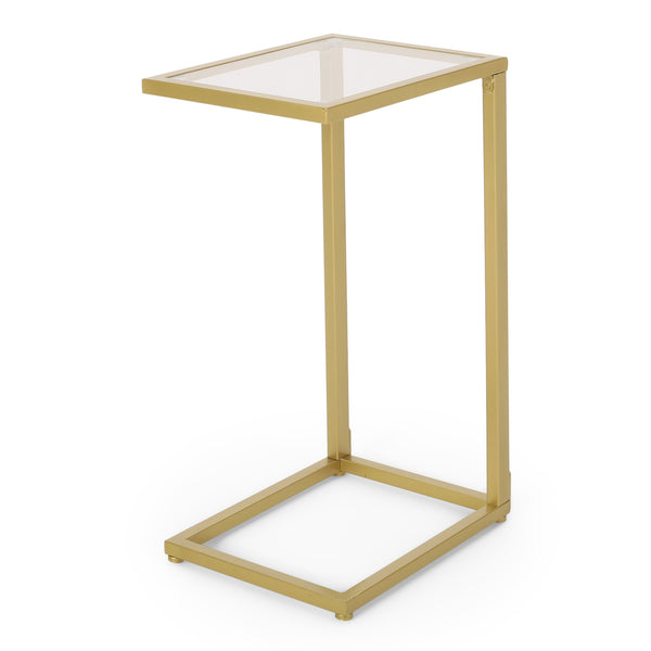 Modern Glam Glass Top C-Shaped Side Table, Gold - NH369413