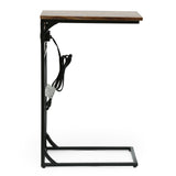 Modern Industrial Handcrafted Acacia Wood C-Shaped Side Table with Charging Port, Natural and Black - NH684513