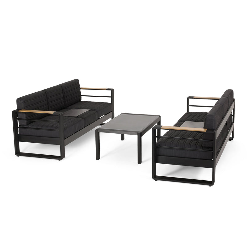 Outdoor Aluminum 6 Seater Chat Set with Water Resistant Cushions, Black, Natural, and Dark Gray - NH558413