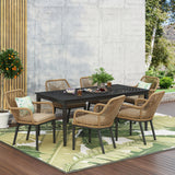 Outdoor Wicker 7 Piece Dining Set with Cushion, Matte Black, Light Brown, and Beige - NH081513