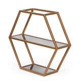 Modern Glam Handcrafted Glass 2 Shelf Hexagonal Decorative Shelf, Antique Gold - NH497413